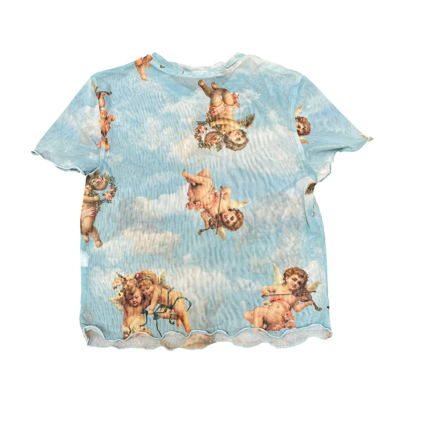 Bershka Top Womens S Blue Mesh Clouds Angel Cherub Short Sleeve Crew Neck