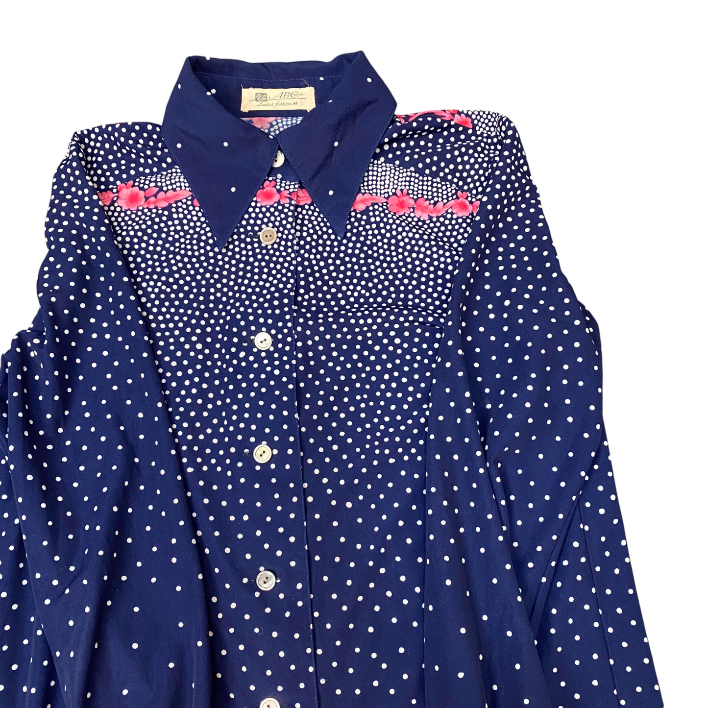 Shirt Top Womens M Blue Polka Dot Long Sleeve Collared Button Front Outdoor
