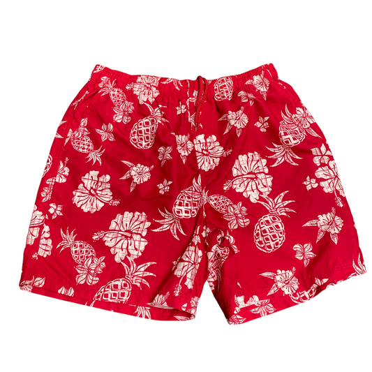 Faded Glory Swim Shorts Mens Medium Red Pineapple Floral Mesh Lined Drawstring