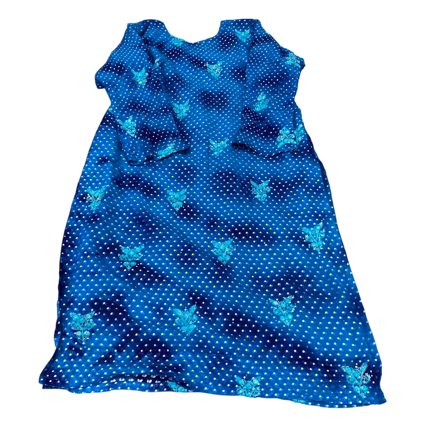 Womens Maxi Dress L Blue Polka Dot Satin Embroidered Lined Long Sleeve V Neck