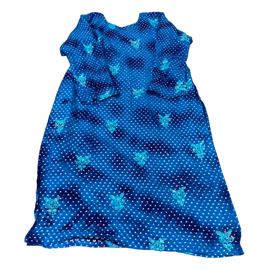 Womens Maxi Dress L Blue Polka Dot Satin Embroidered Lined Long Sleeve V Neck