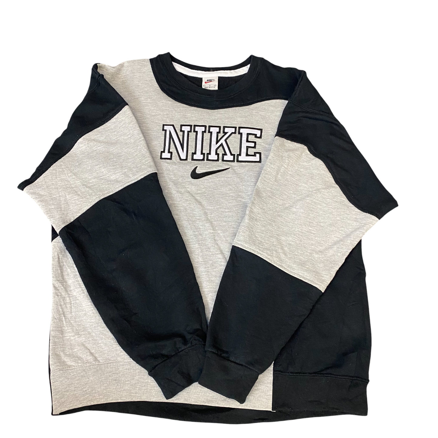 Nike Reworked Sweatshirt Mens Large Grey Black Embroidered Spellout Logo Vtg Y2K