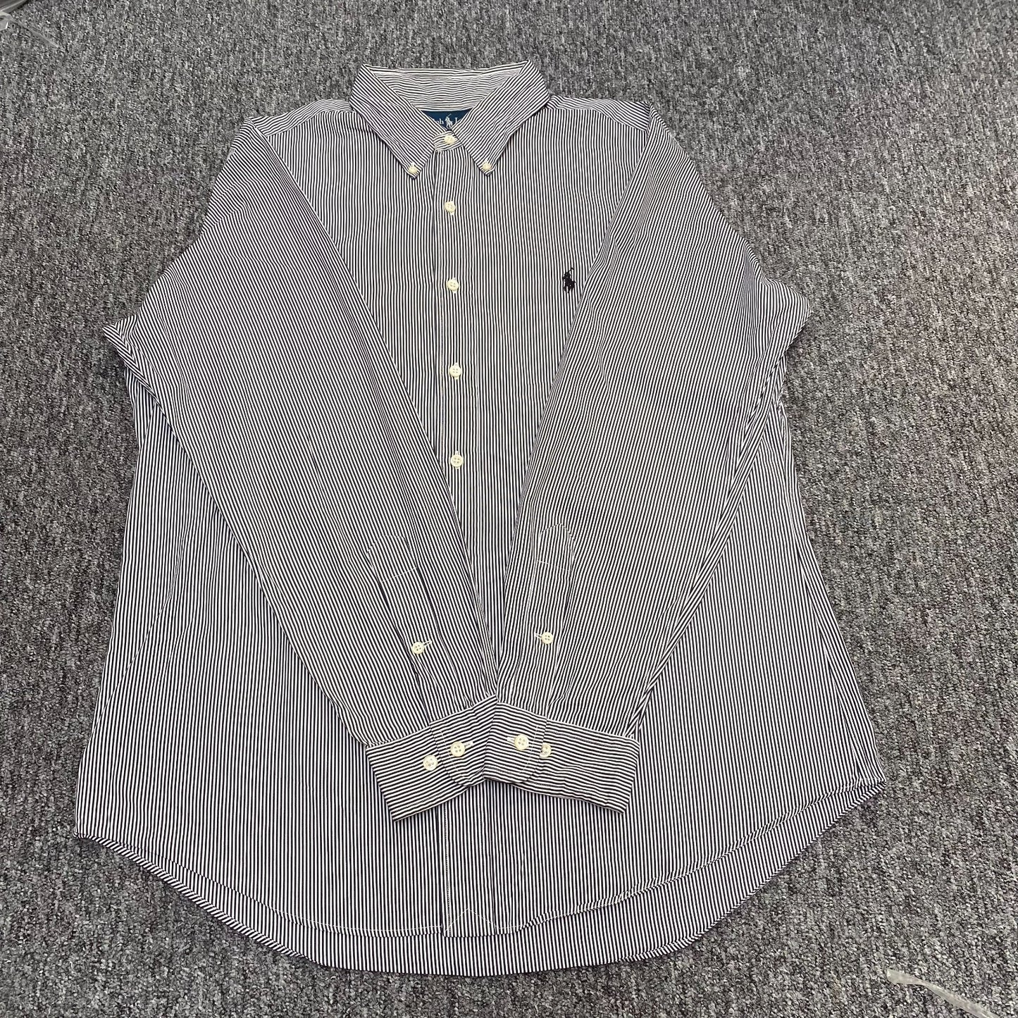 Ralph Lauren Formal Shirt Mens M Black White Striped Custom Fit Black Pony Logo