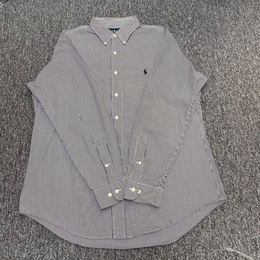 Ralph Lauren Formal Shirt Mens M Black White Striped Custom Fit Black Pony Logo