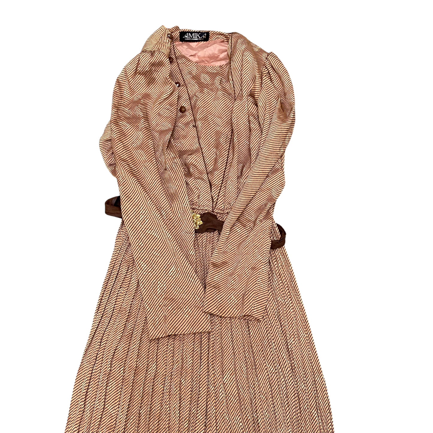 Amika Maxi Dress Womens S Brown Striped Pleated Round Neck Side Button Comfort