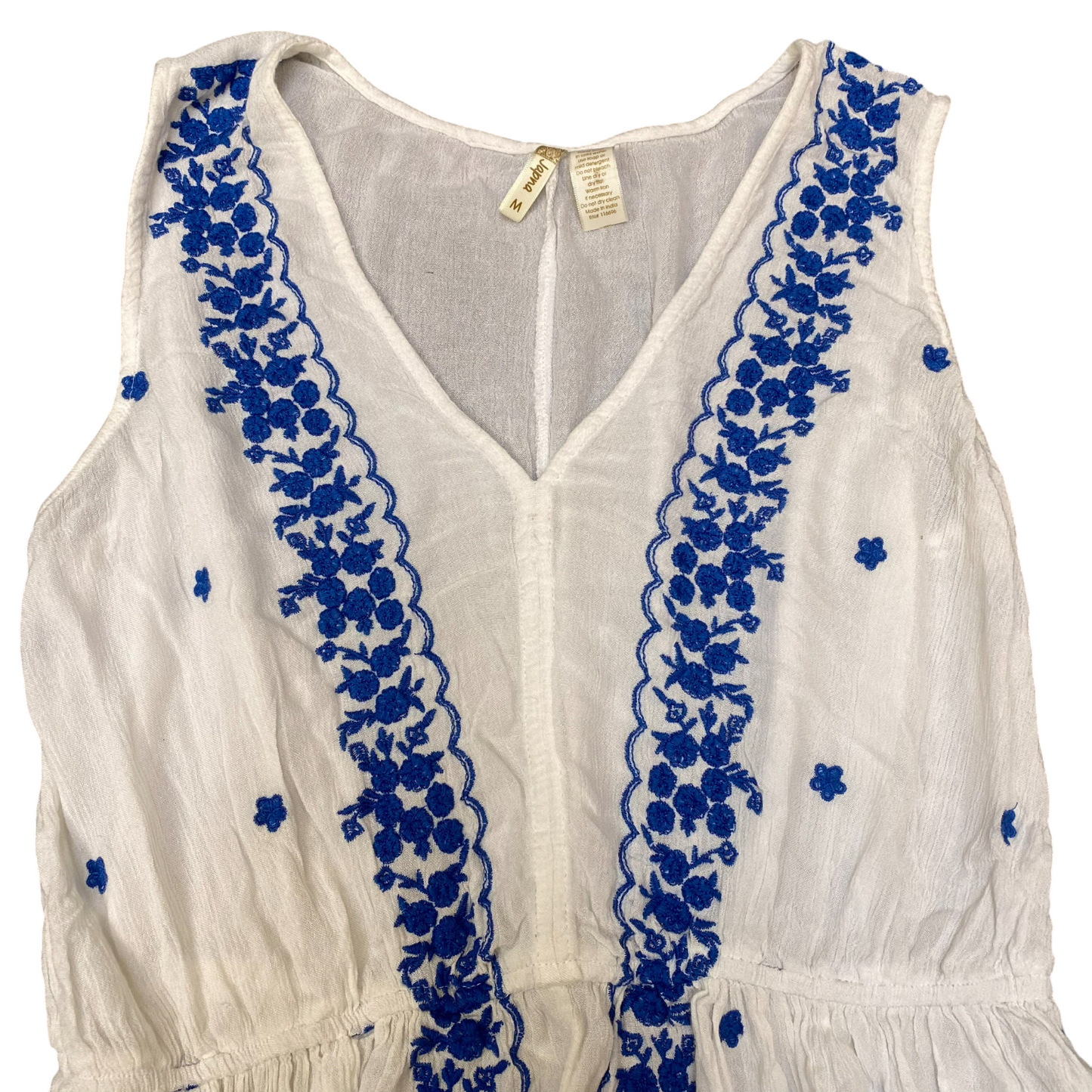 Tunic Top Womens M White Blue Embroidered Floral Peplum Hem Sleeveless V-Neck