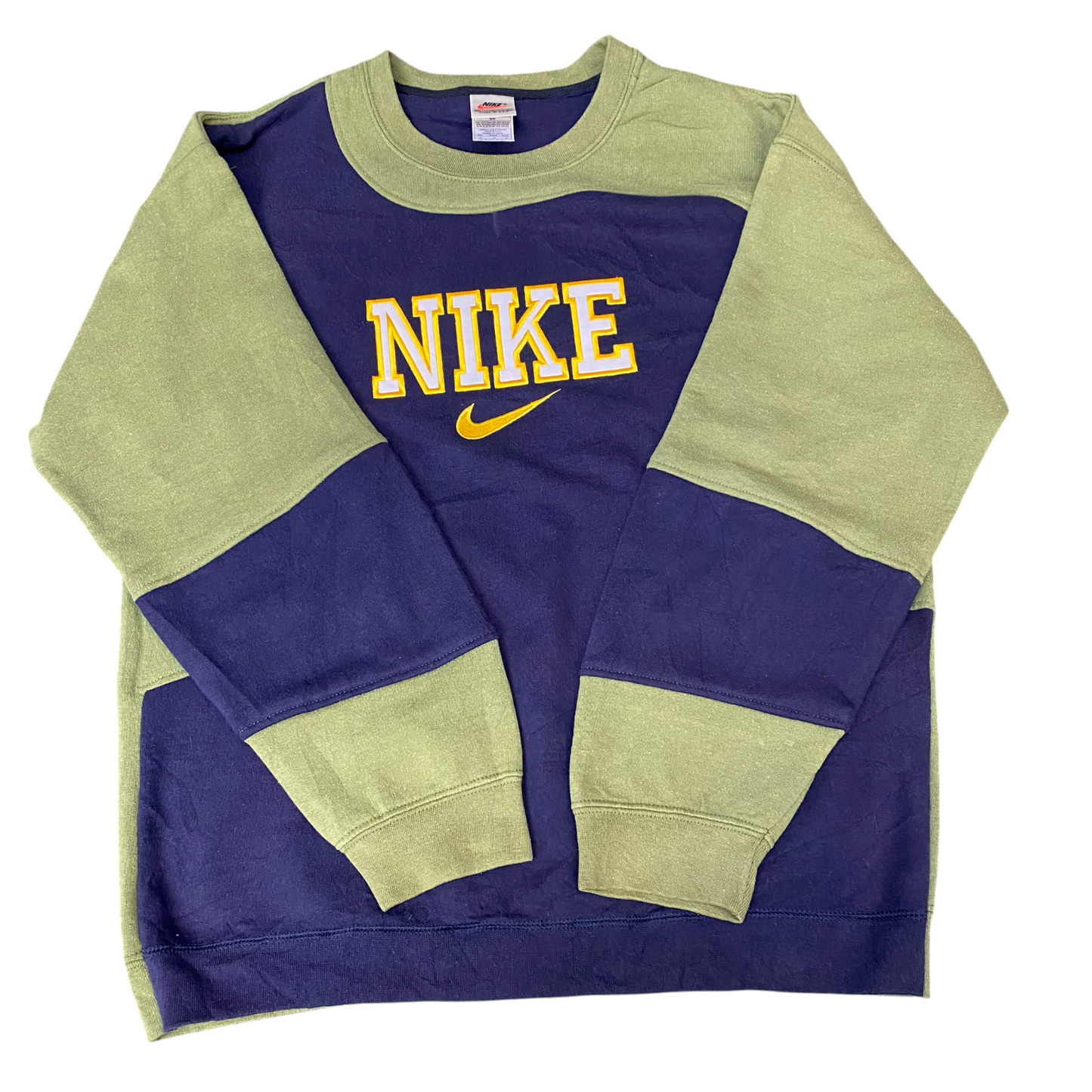 Nike Reworked Sweatshirt Mens M Navy Green Embroidered Spellout Logo Vintage Y2K