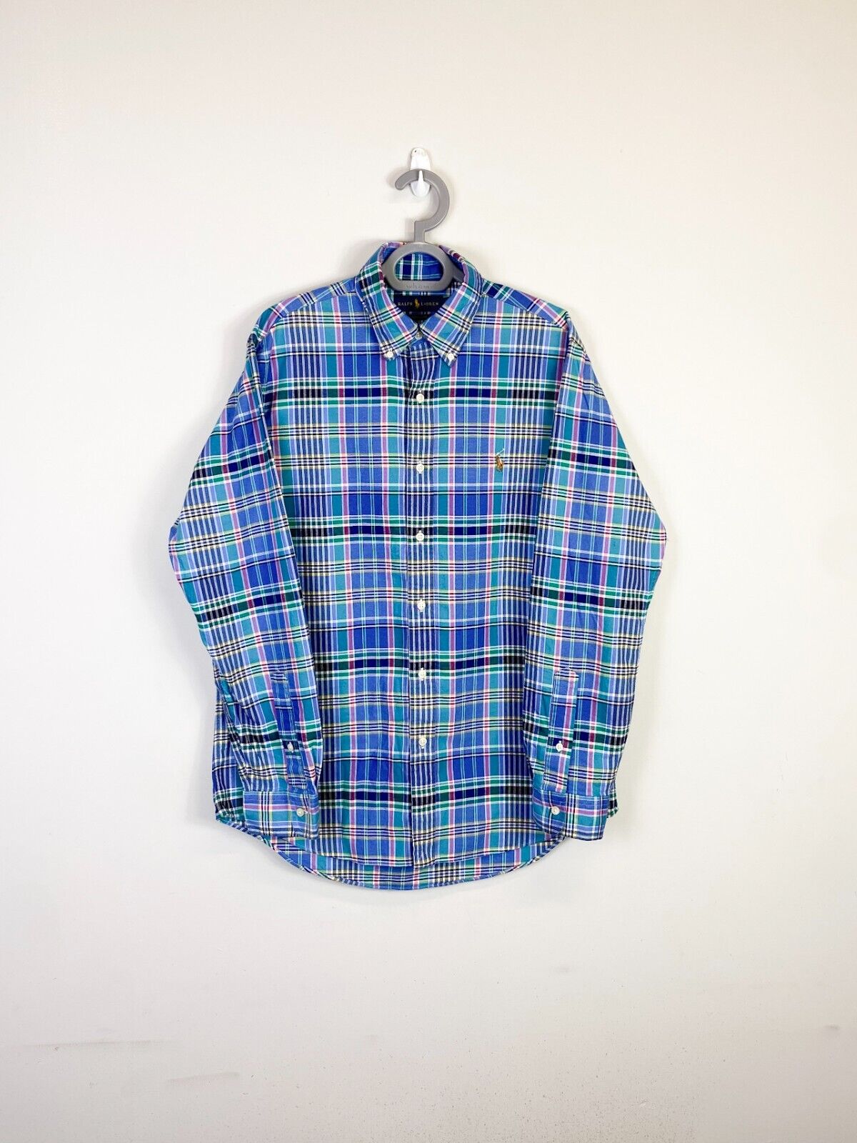 Ralph Lauren Shirt Mens Medium Blue Plaid Classic Fit Small Brown Polo Pony Logo