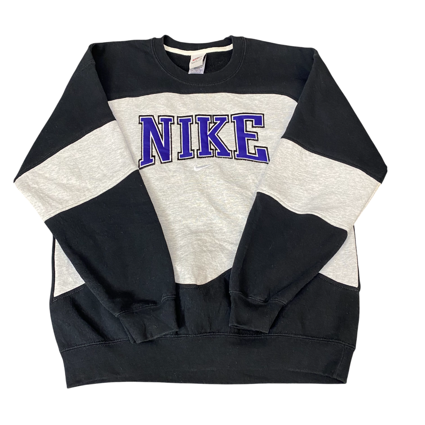 Nike Reworked Sweatshirt Mens Large Black Grey Embroidered Spellout Logo Vtg Y2K