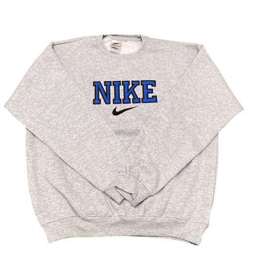 Nike Reworked Sweatshirt Mens Medium Grey Embroidered Spellout Logo Crew Neck
