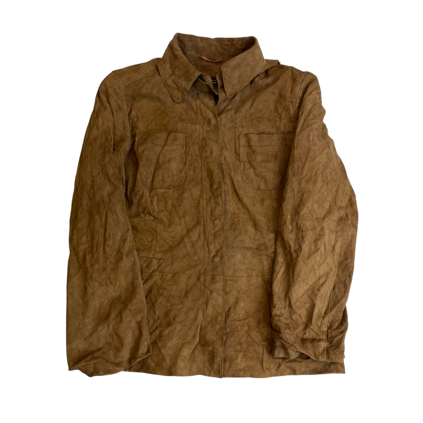 Jacket Womens S Brown Suede Leather Double Chest Pockets Collared Long Sleeve