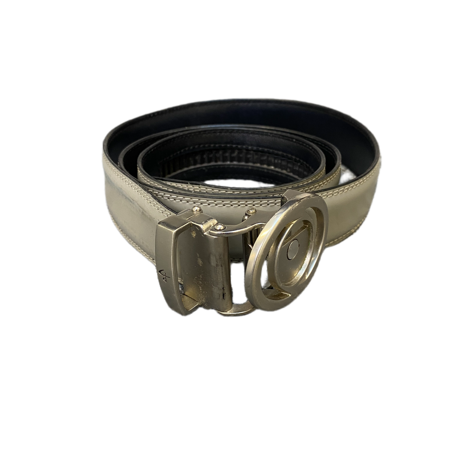 Waist Belt Men Beige Leather Adjustable Silver Reversible Round Buckle 46 Inches