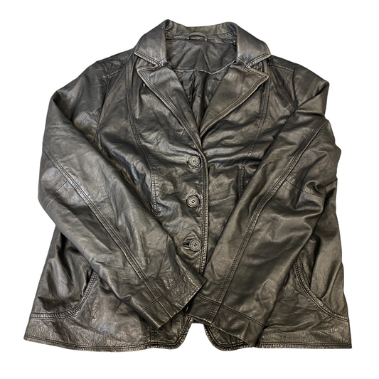 Womens Faux Leather Blazer Jacket Large Black Lined Notch Lapel Single Breasted