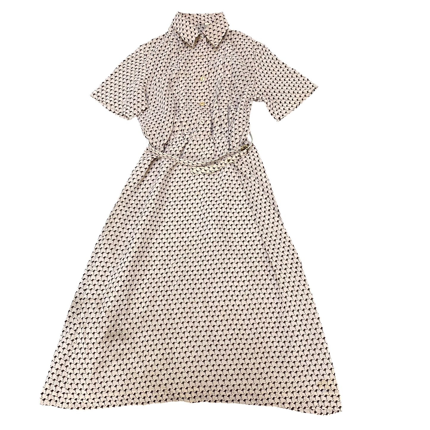 A-Line Midi Dress Womens S Brown Allover Kangaroo Print Belted Short Sleeve