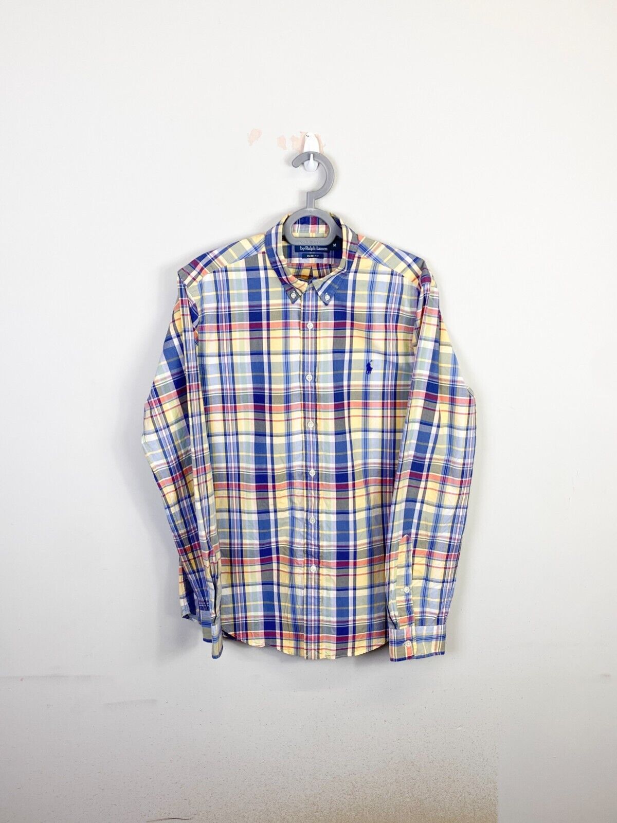 Ralph Lauren Shirt Mens Medium Yellow Plaid Slim Fit Small Blue Polo Pony Logo