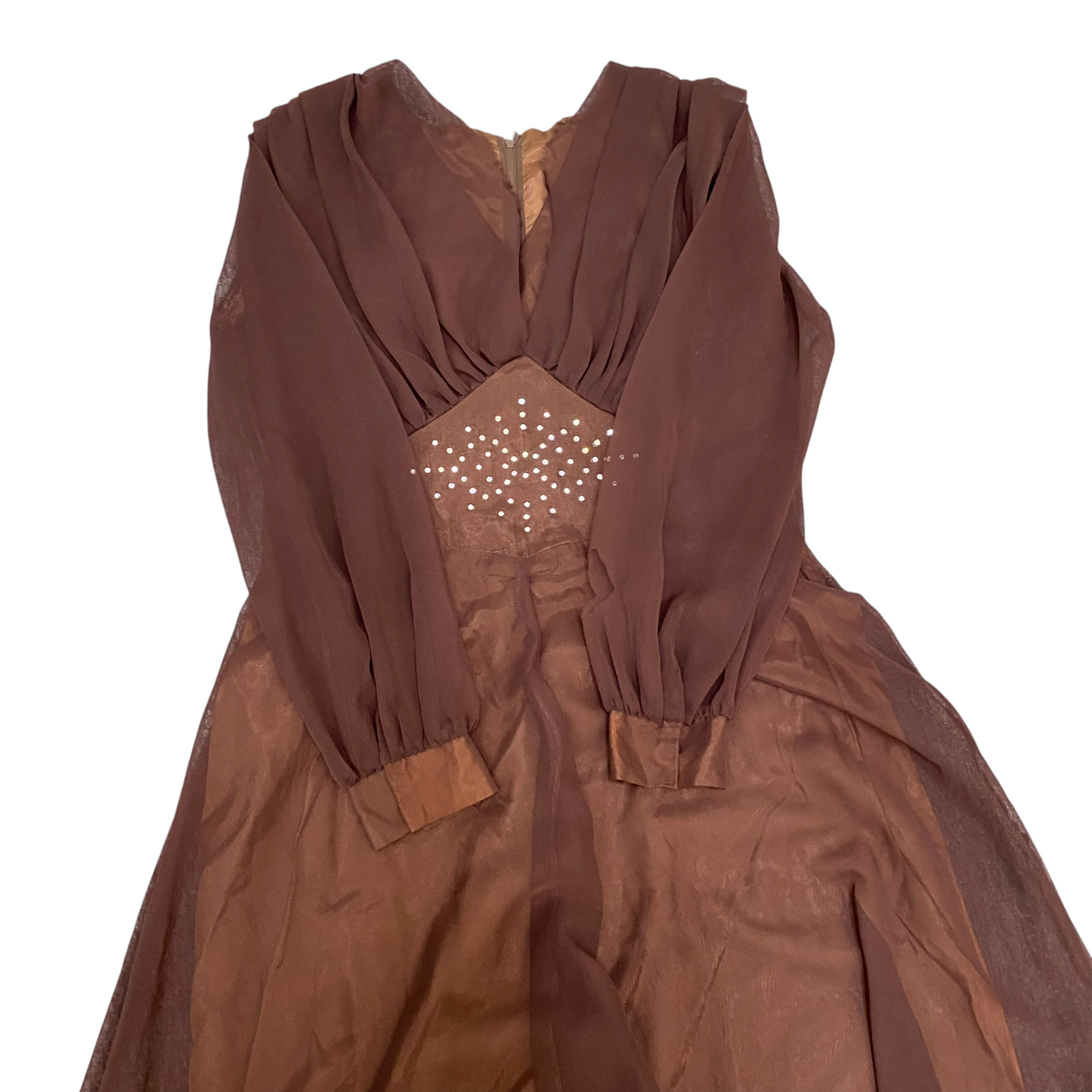 Womens A Line Maxi Dress M Brown Lined Sequin Sheer Long Sleeve V Neck Back Zip