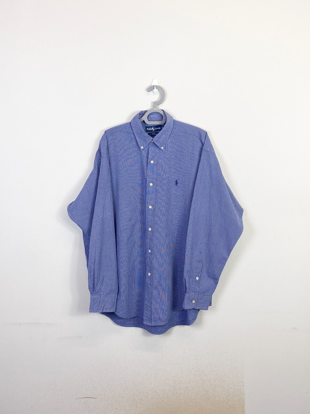 Ralph Lauren Shirt Men Large Blue Check Two-Ply Cotton Small Blue Polo Pony Logo