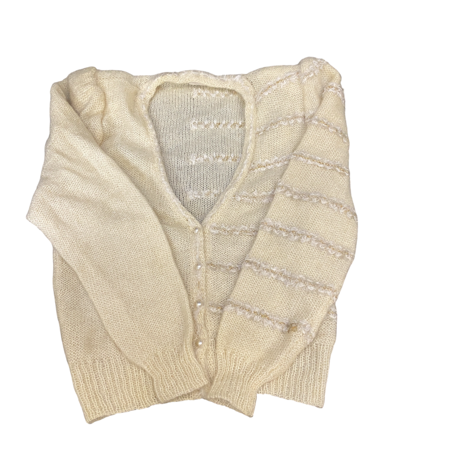 Womens Cardigan Jumper Medium Beige Fuzzy Knit Long Sleeve V Neck Pearl Button