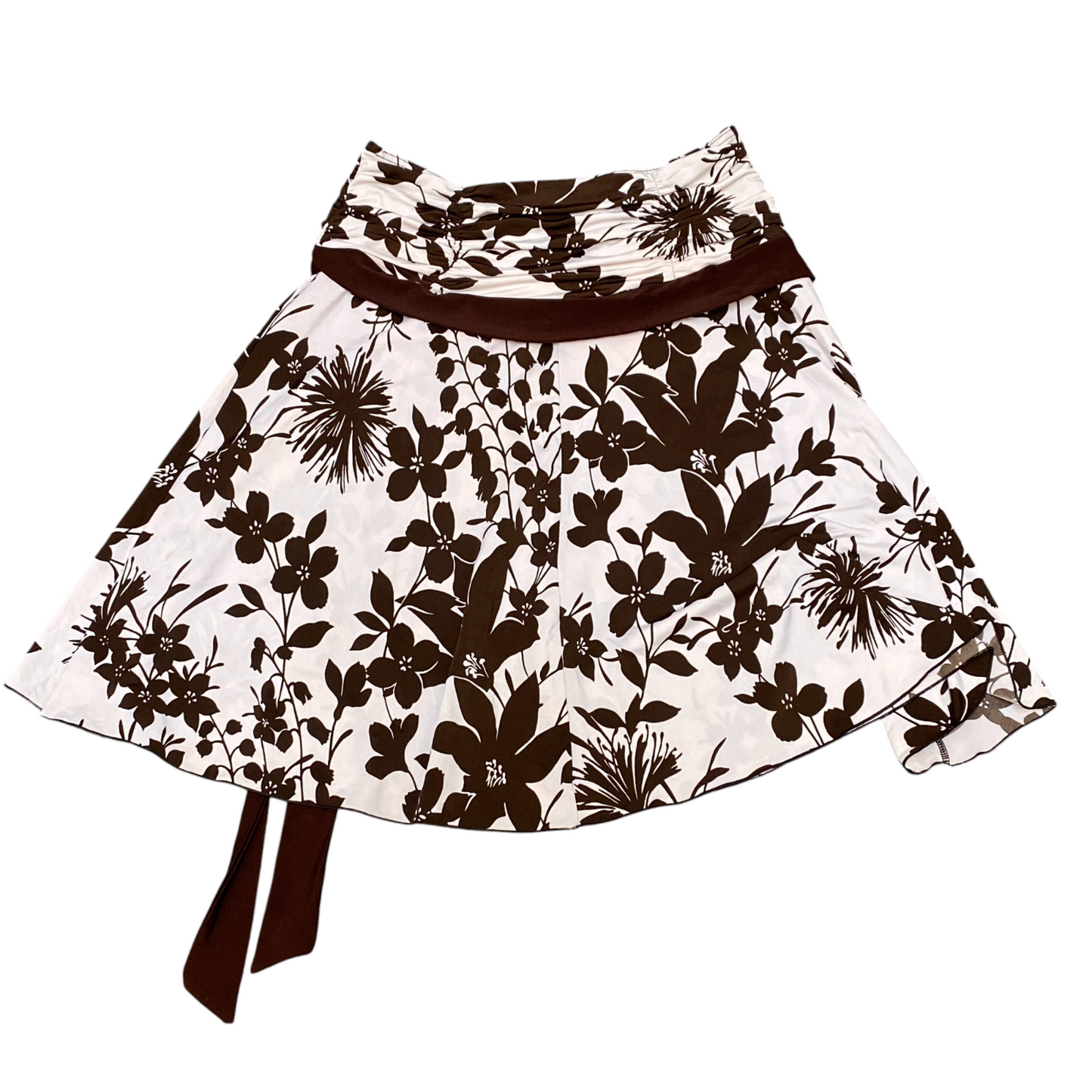 Xanaka Mini Skirt Womens L Cream Brown Floral Print Ruched Elastic Waist Pull On