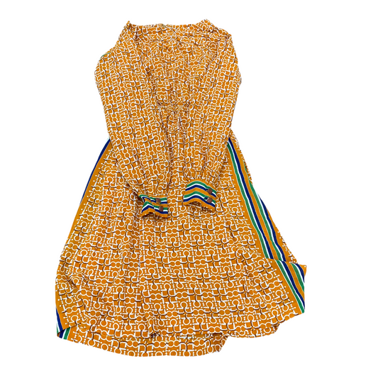 Womens Midi Dress S Yellow Geometric Long Sleeve Boat Neck Back Zip Outdoor