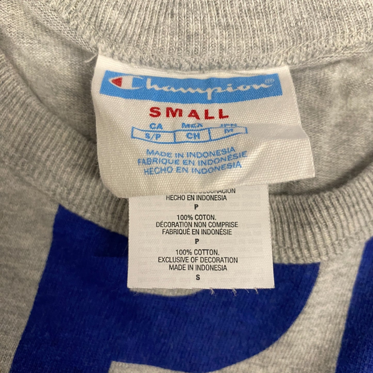 Champion T-Shirt Mens Small Grey Blue All-Over Logo Print Crew Neck Pullover Tee