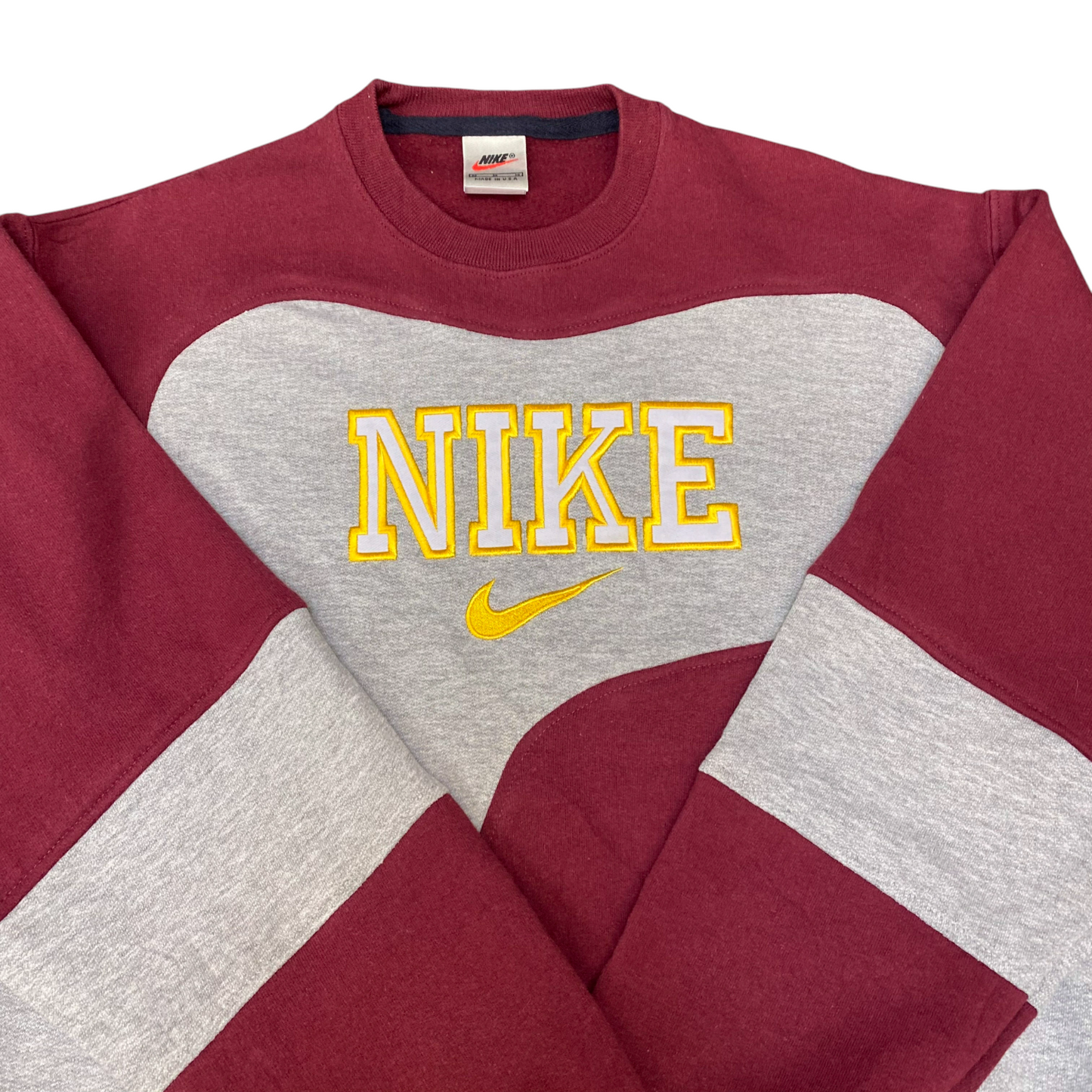 Nike Reworked Sweatshirt Mens M Grey Burgundy Embroidered Spellout Logo Vtg Y2K