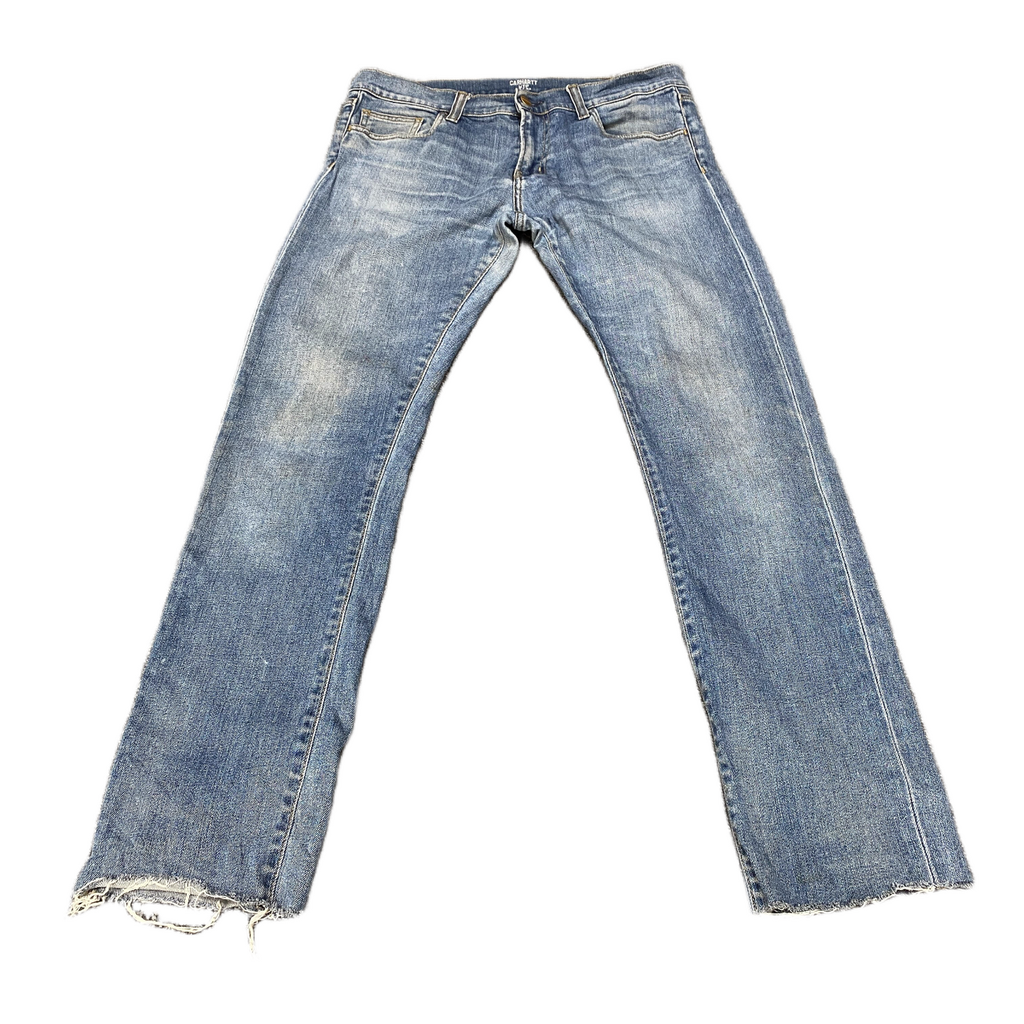 Carhartt Wip Rebel Jeans Mens 32 Blue Denim Stretch Frayed Hem Whiskered Skinny
