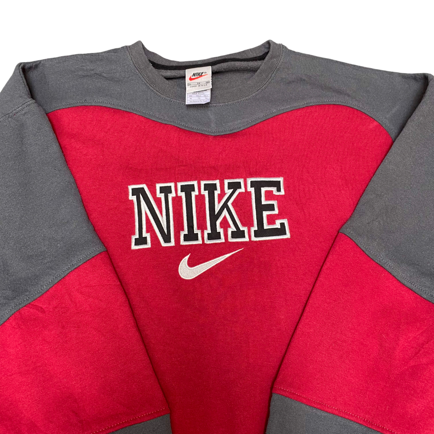 Nike Reworked Sweatshirt Mens XL Grey Red Embroidered Spell Out Logo Pullover