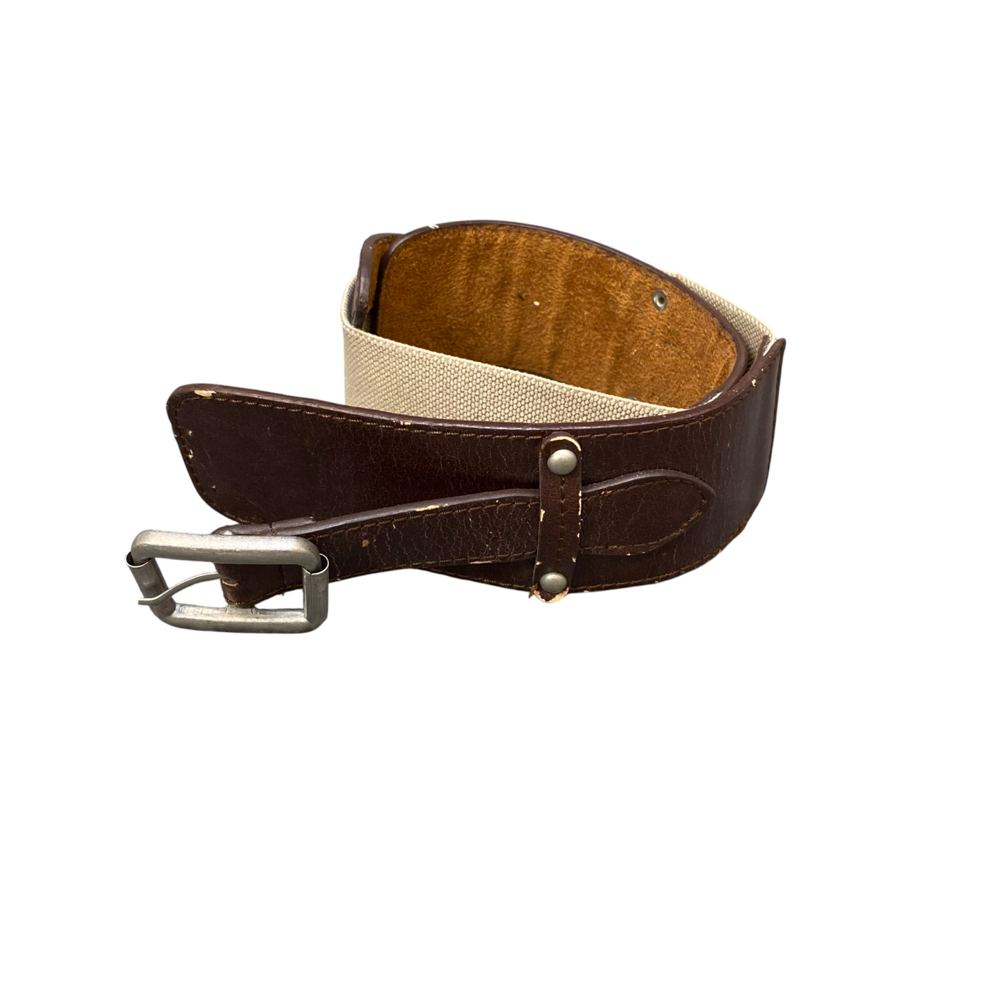 Mens Waist Elastic Belt Brown Beige Leather Adjustable Pin Buckle Size 32 in
