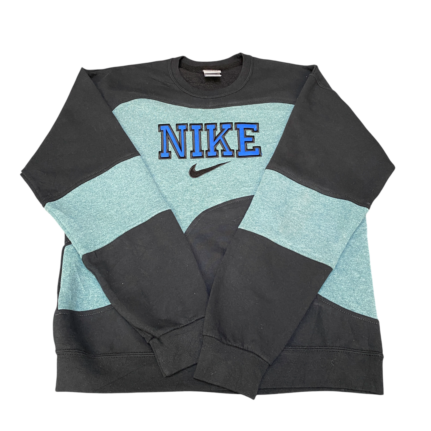 Nike Reworked Sweatshirt Mens M Black Blue Embroidered Spellout Logo Vintage Y2K