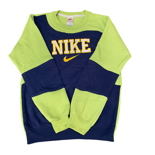 Nike Reworked Sweatshirt Mens S Green Navy Embroidered Spellout Logo Vintage Y2K