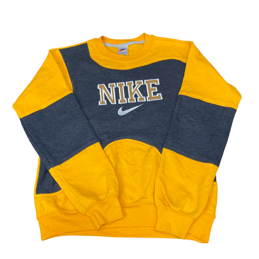 Nike Reworked Sweatshirt Mens S Yellow Black Embroidered Spellout Logo Vtg Y2K