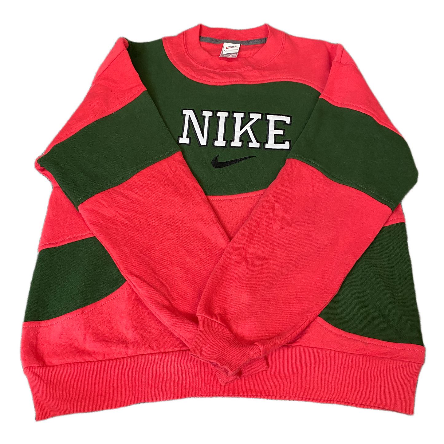 Nike Reworked Sweatshirt Mens L Red Green Embroidered Spellout Logo Vintage Y2K
