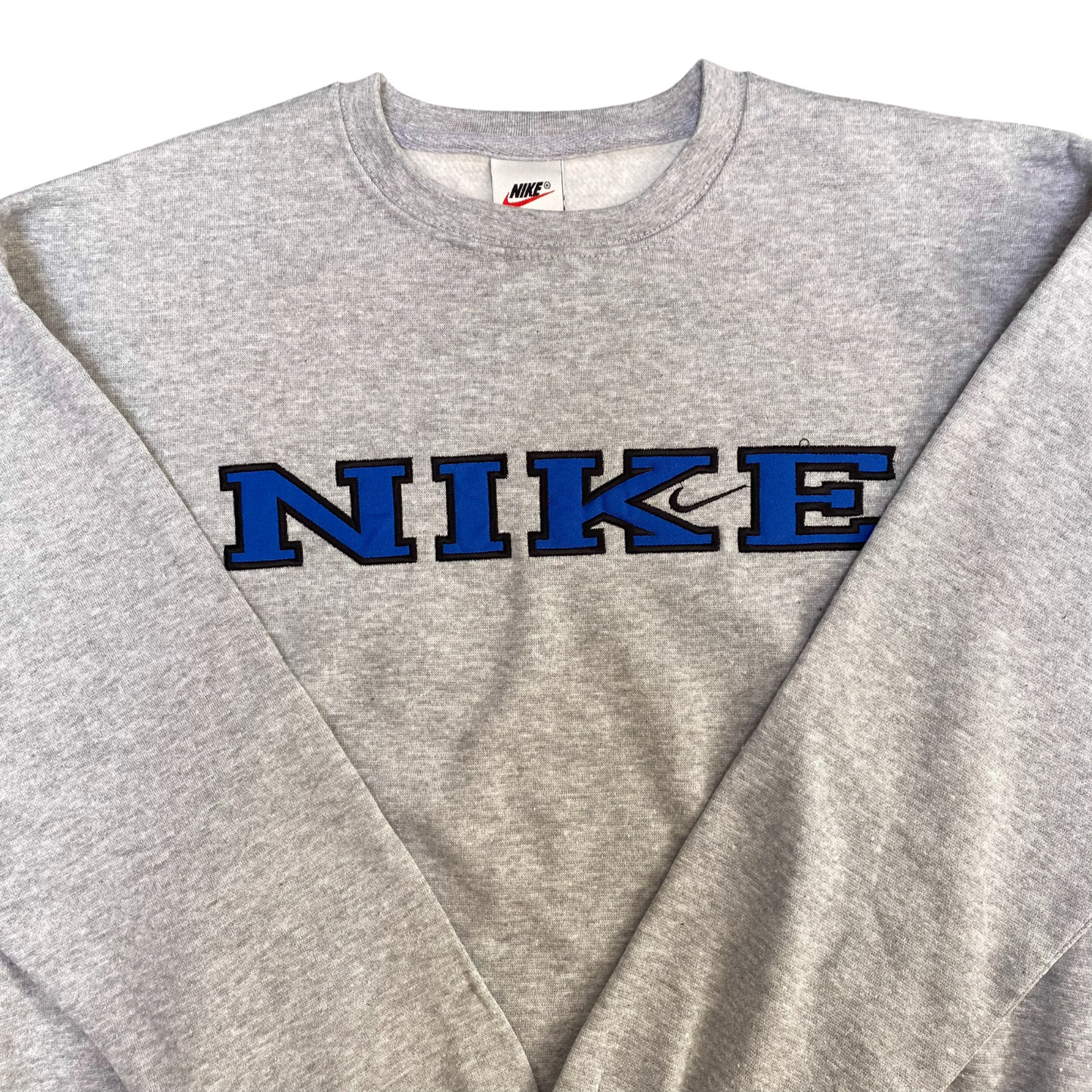 Nike Reworked Sweatshirt Mens M Grey Embroidered Spellout Logo Long Sleeve