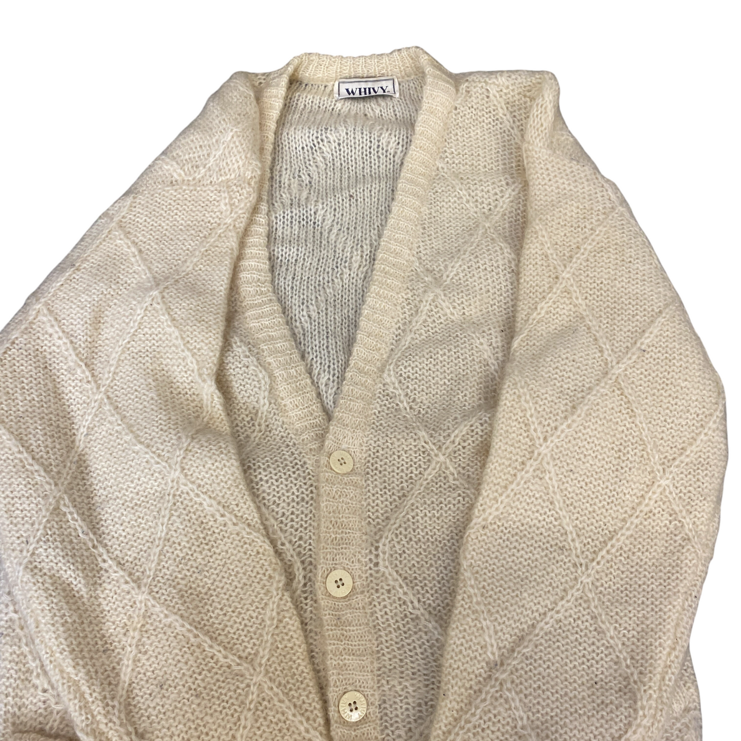 Whivy Cardigan Jumper Mens Medium Ivory Diamond Knitted Long Sleeve Button Front