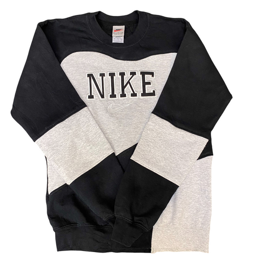 Nike Reworked Sweatshirt Mens Small Grey Black Embroidered Spellout Logo Vtg Y2K