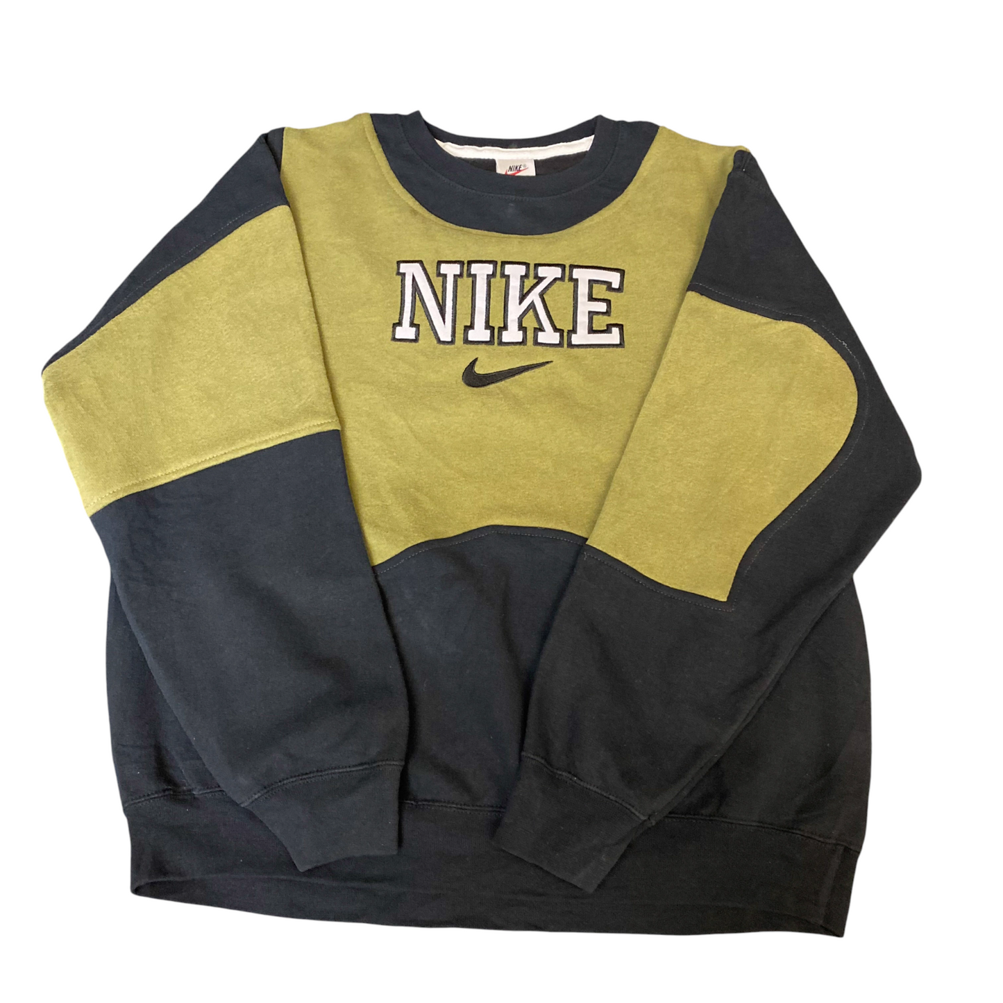 Nike Reworked Sweatshirt Men L Black Green Embroidered Spellout Logo Vintage Y2K