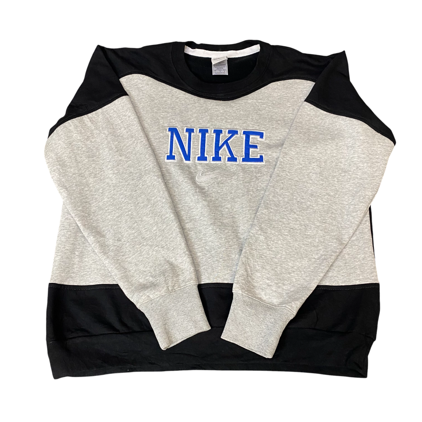 Nike Reworked Sweatshirt Mens Large Black Grey Embroidered Spellout Logo Vtg Y2K