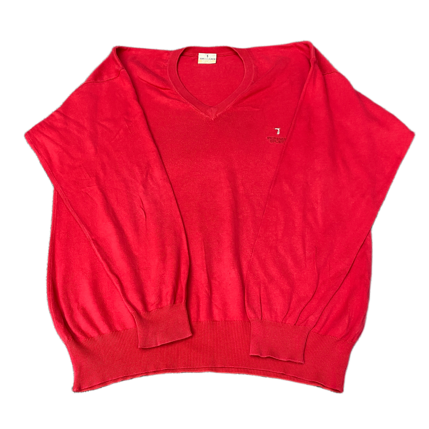 Trussardi Sport Jumper Womens XL Red Knit Embroidered Logo V Neck Pullover