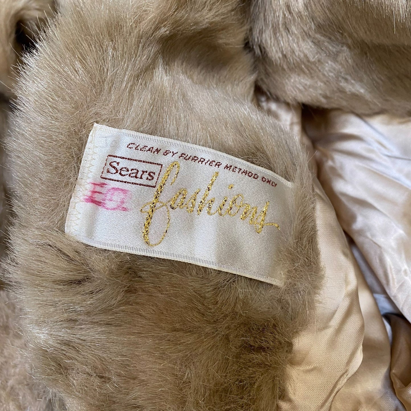 Sears Fashion Mink Faux Fur Jacket Women Medium Beige Lined Long Sleeve Collared