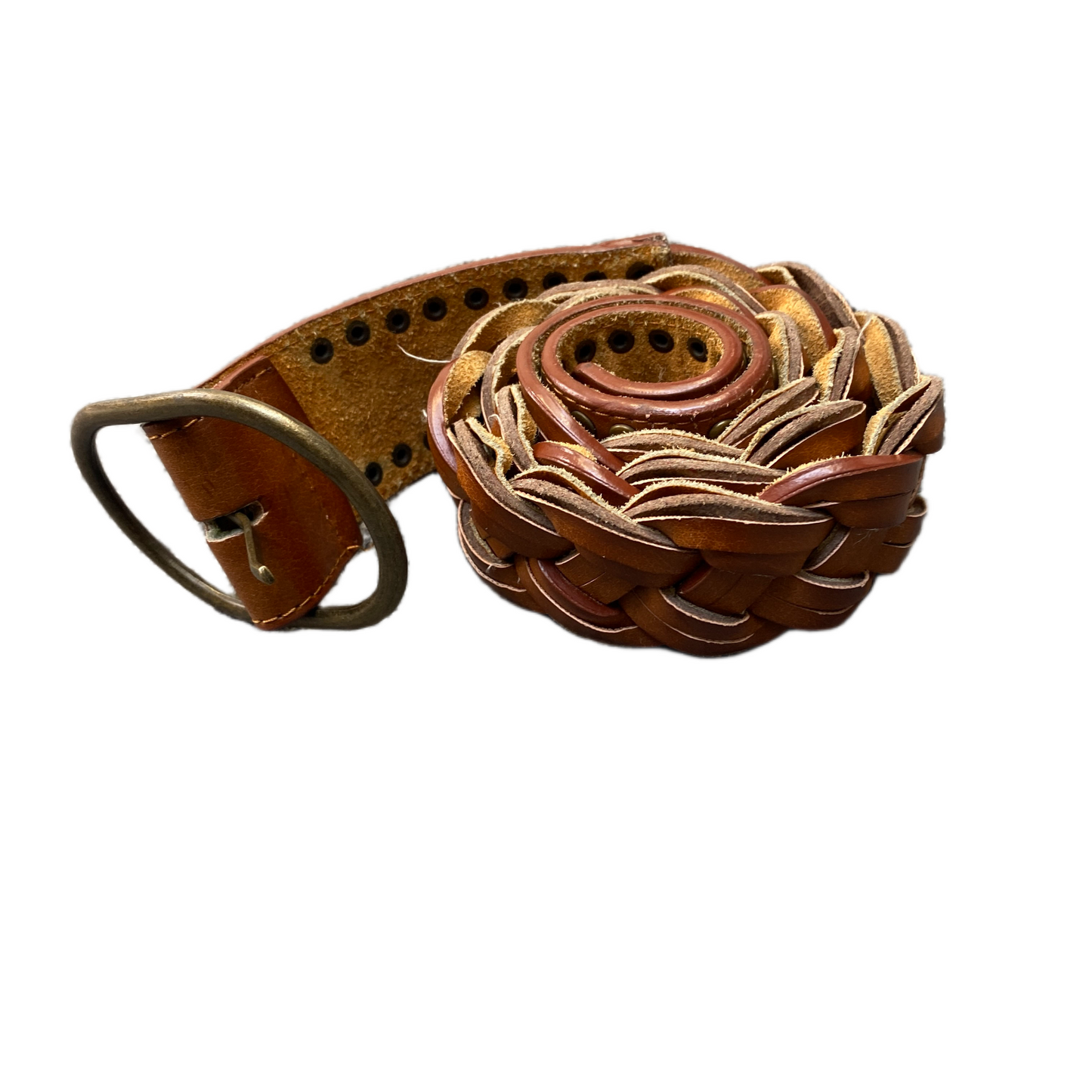 Waist Belt Mens Brown Leather Studded Adjustable Brass Buckle 37.5 inches