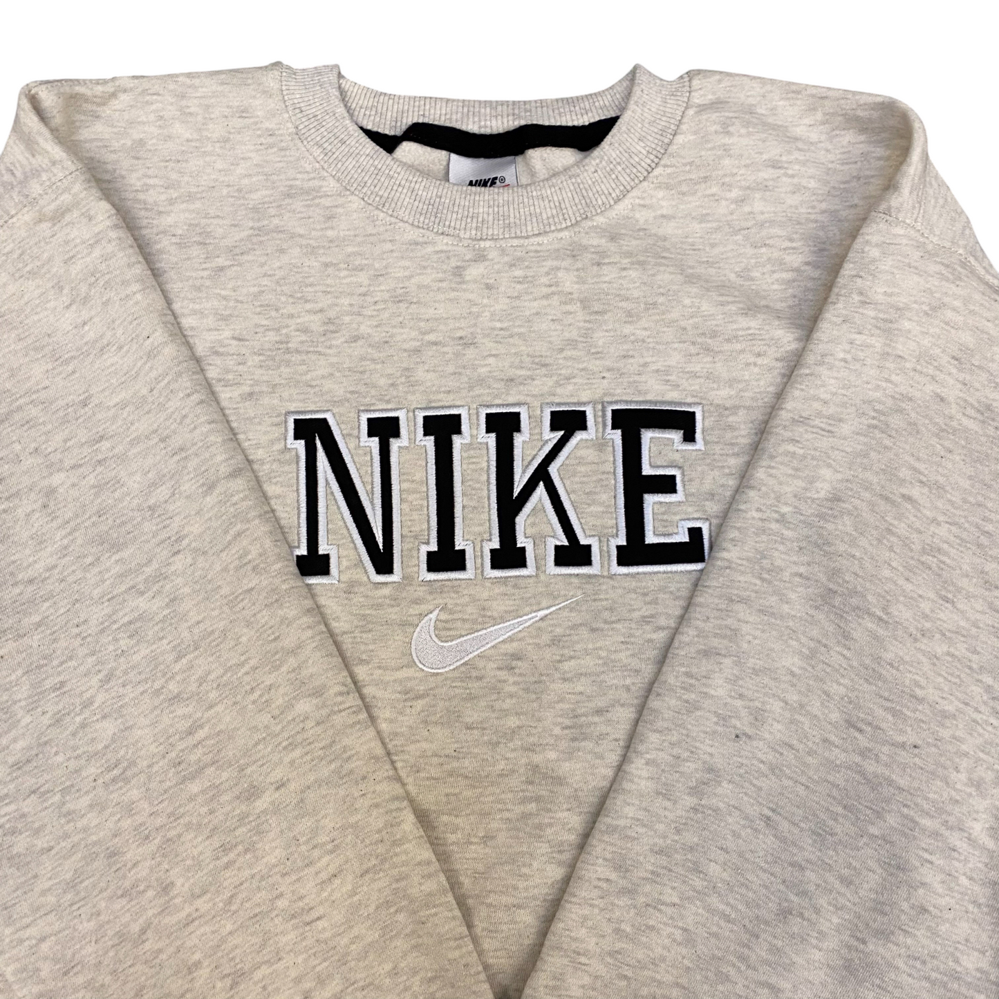 Nike Reworked Sweatshirt Mens M Grey Heather Embroidered Spellout Logo Crew Neck