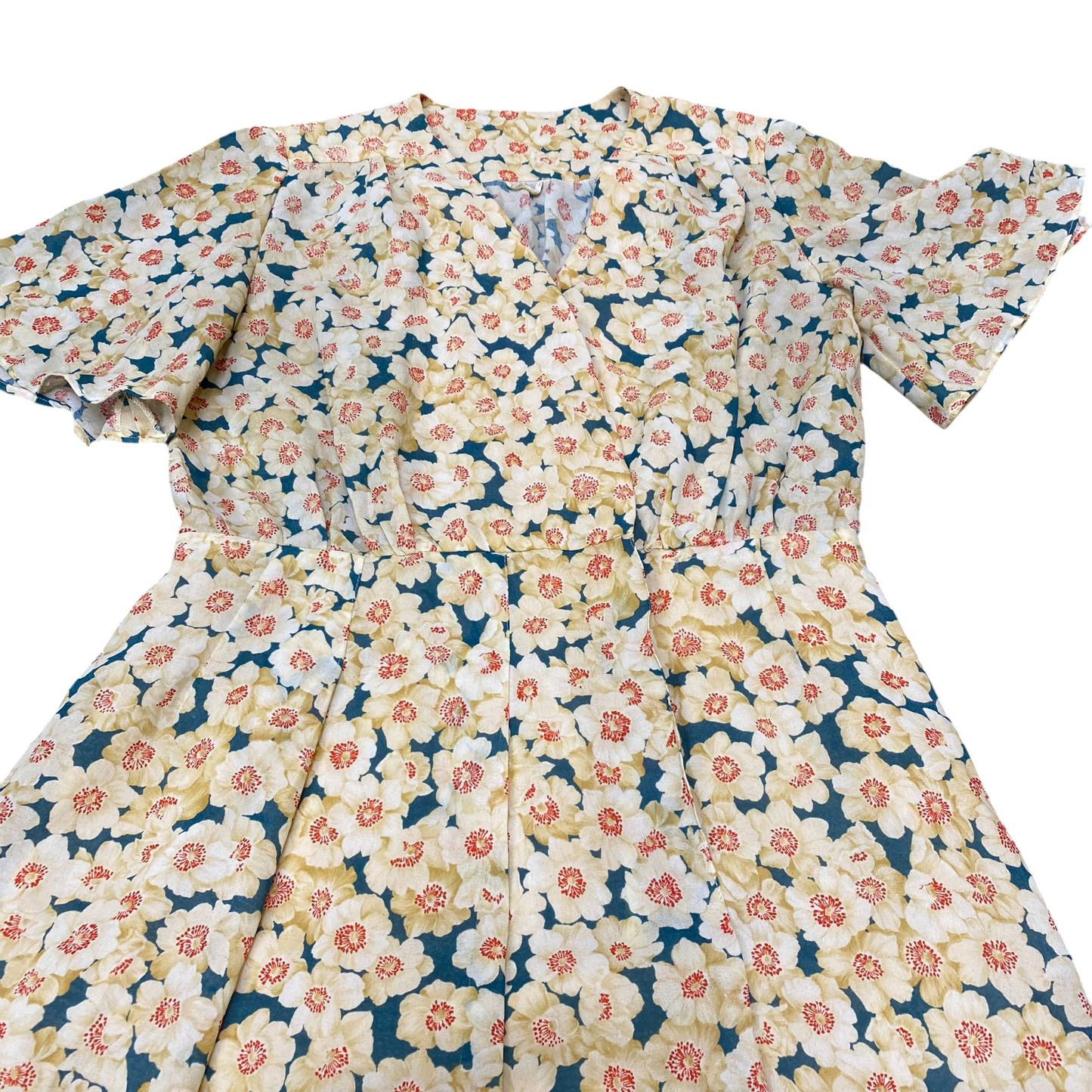 A-Line Dress Womens M Green White Floral Pleated Short Sleeve V-Neck Pullover