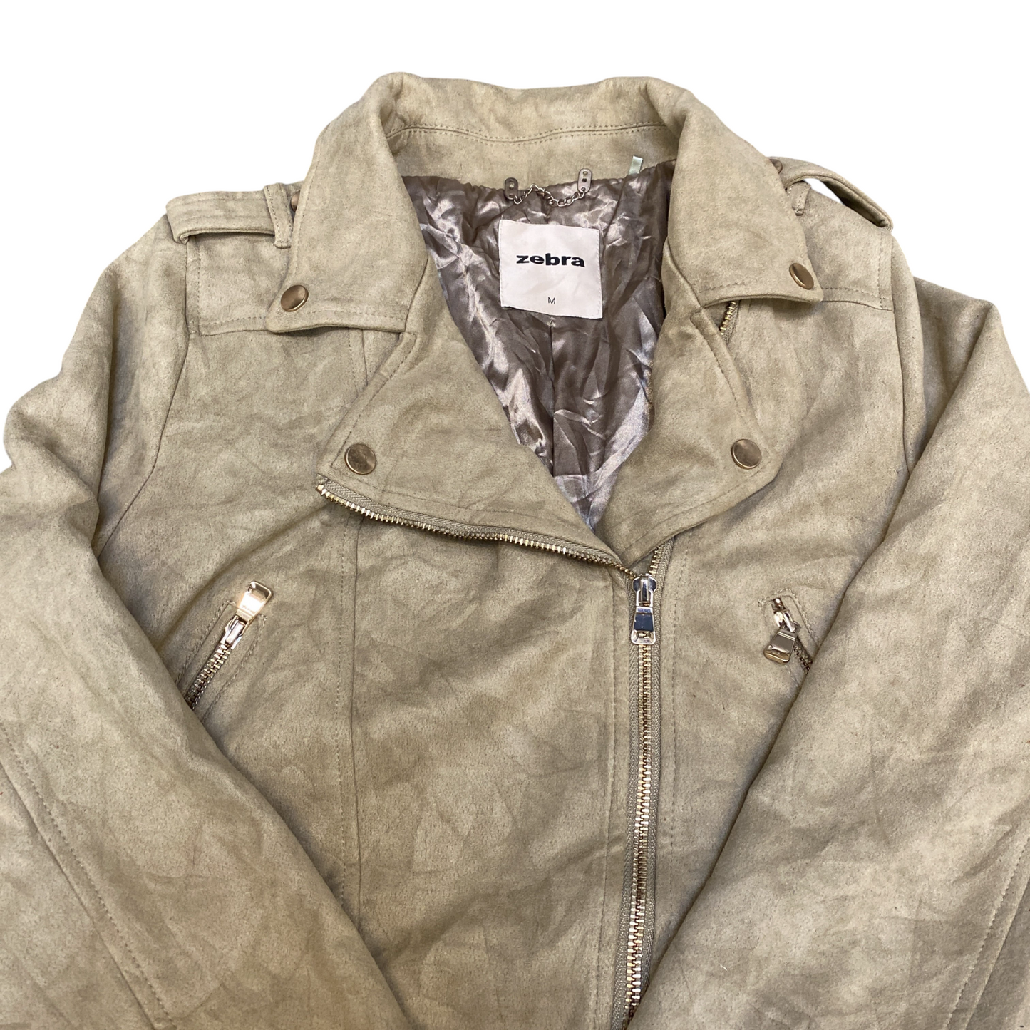 Zebra Suede Leather Motorcycle Jacket Women M Beige Notch Lapel Asymmetrical Zip