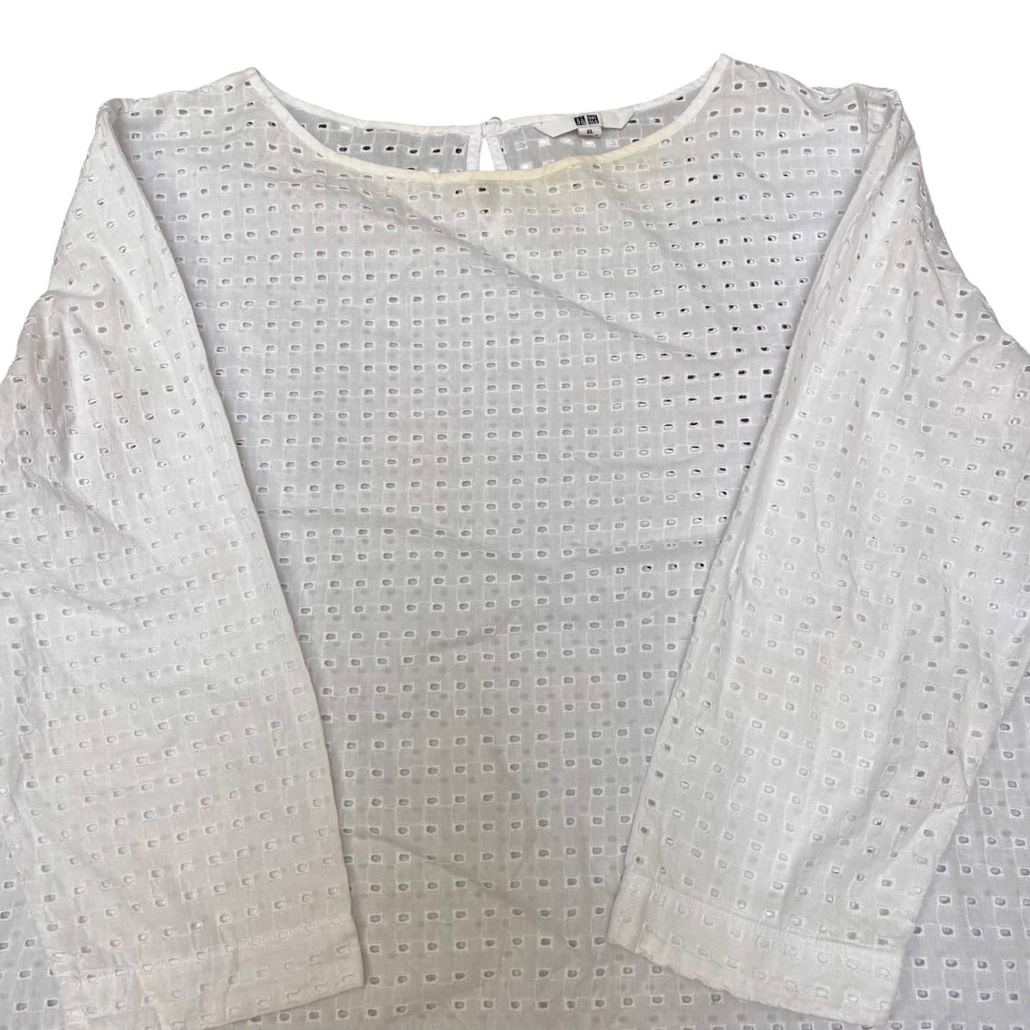 Uniqlo Tunic Top Womens XL White Eyelet Long Sleeve Keyhole Back Pullover