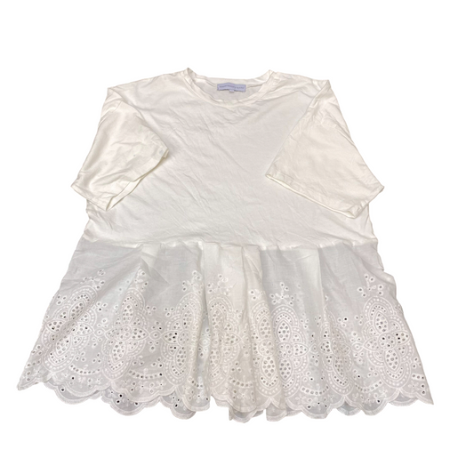 Tunic Top Womens L White Eyelet Lace Hem Short Sleeve Casual Summer Beach