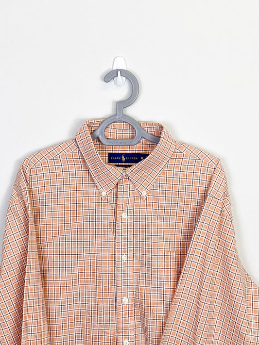 Ralph Lauren Shirt Mens XL Orange Plaid Poplin Long Sleeve Collared Button Down