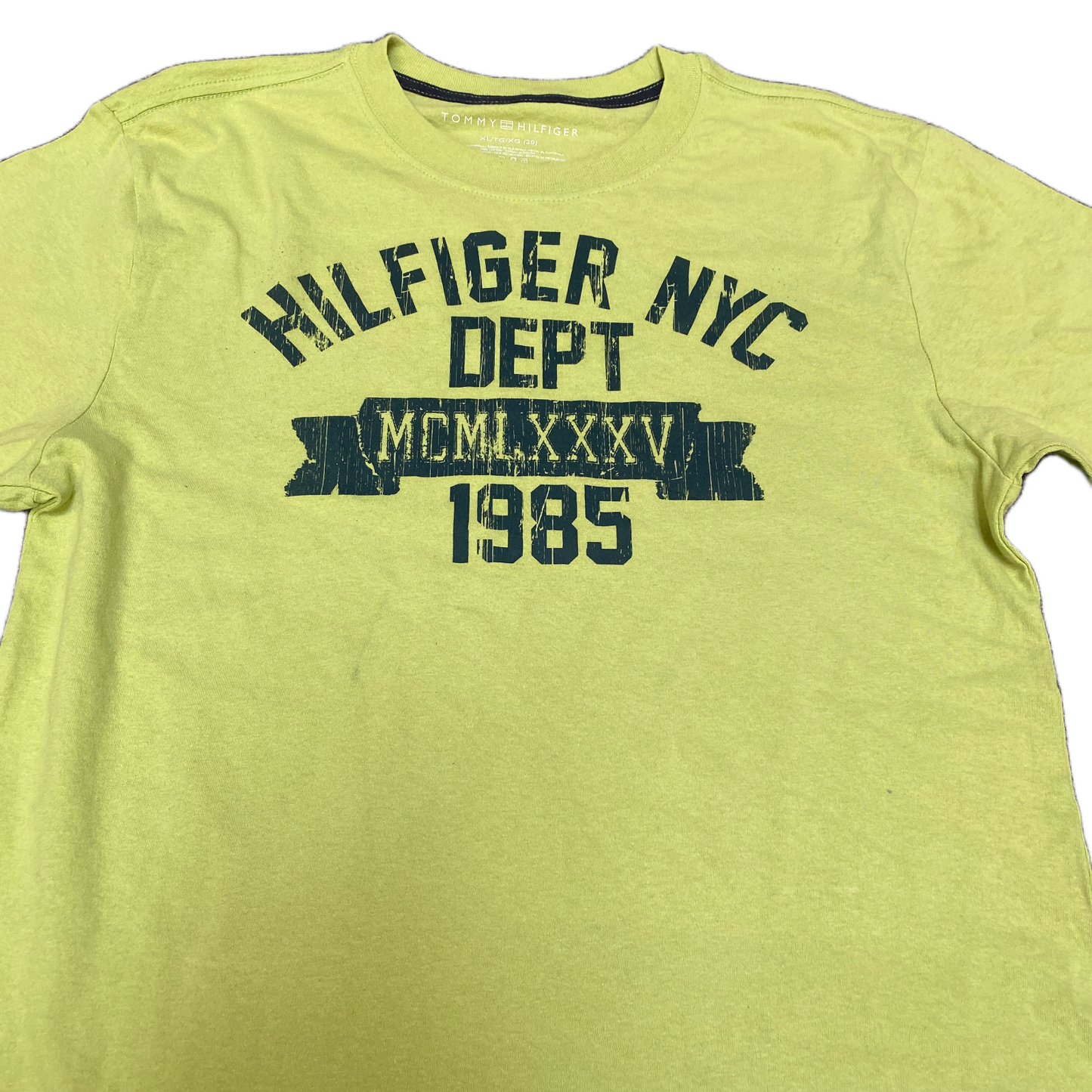 Tommy Hilfiger T-Shirt Womens XL Yellow MCMLXXXV 1985 Graphic Print Crewneck Tee