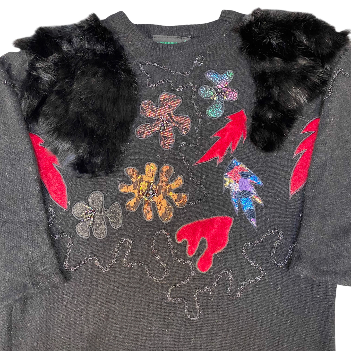 Powyniq bluhmod Jumper Womens Medium Black Embroidered Sequins Floral Crew Neck