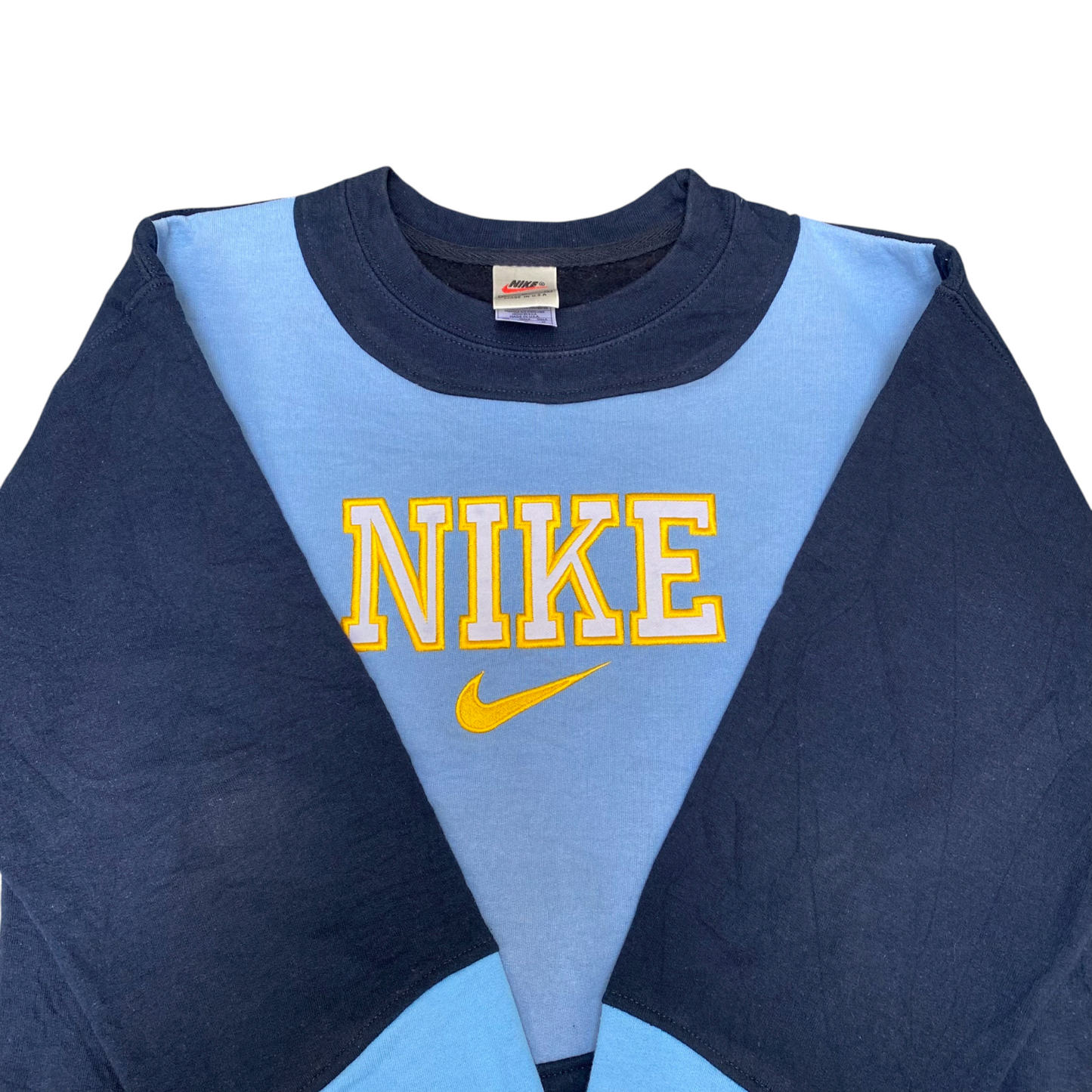 Nike Reworked Sweatshirt Mens Medium Blue Embroidered Spell Out Logo Crew Neck